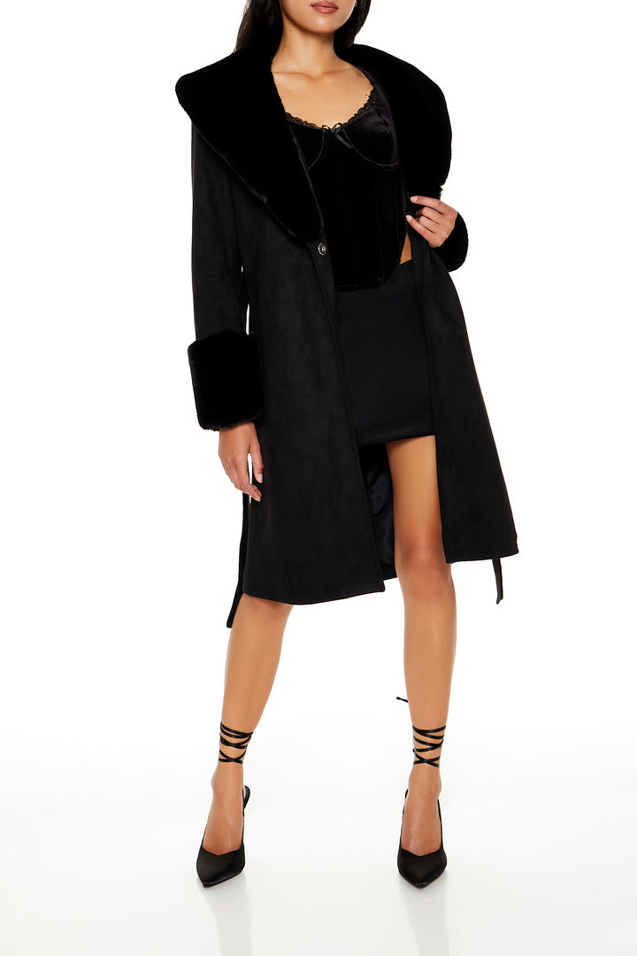 Faux Fur-Trim Faux Suede Trench Coat - Black
