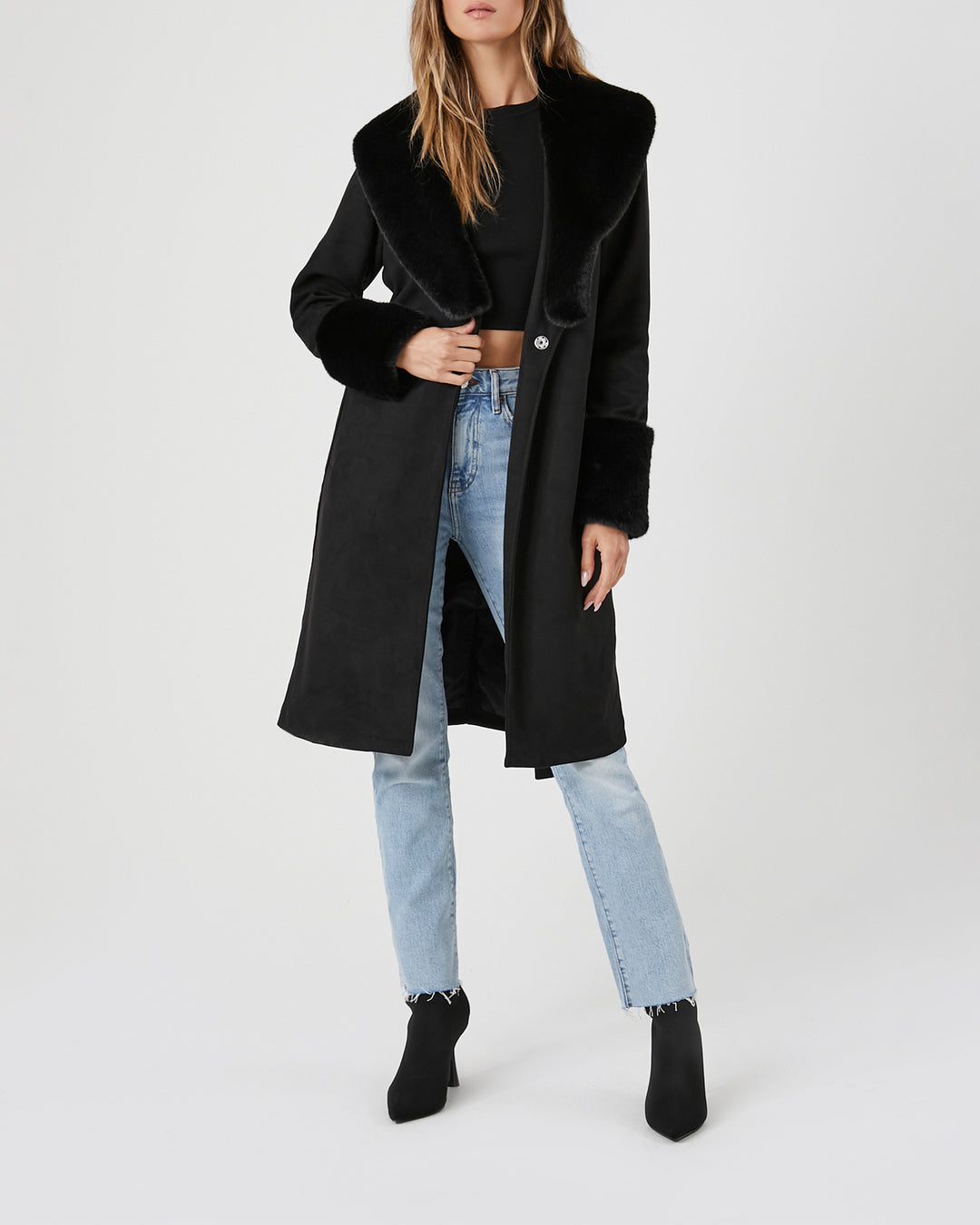 Faux Fur-Trim Faux Suede Trench Coat - Black