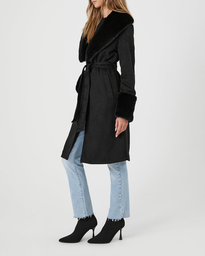 Faux Fur-Trim Faux Suede Trench Coat - Black