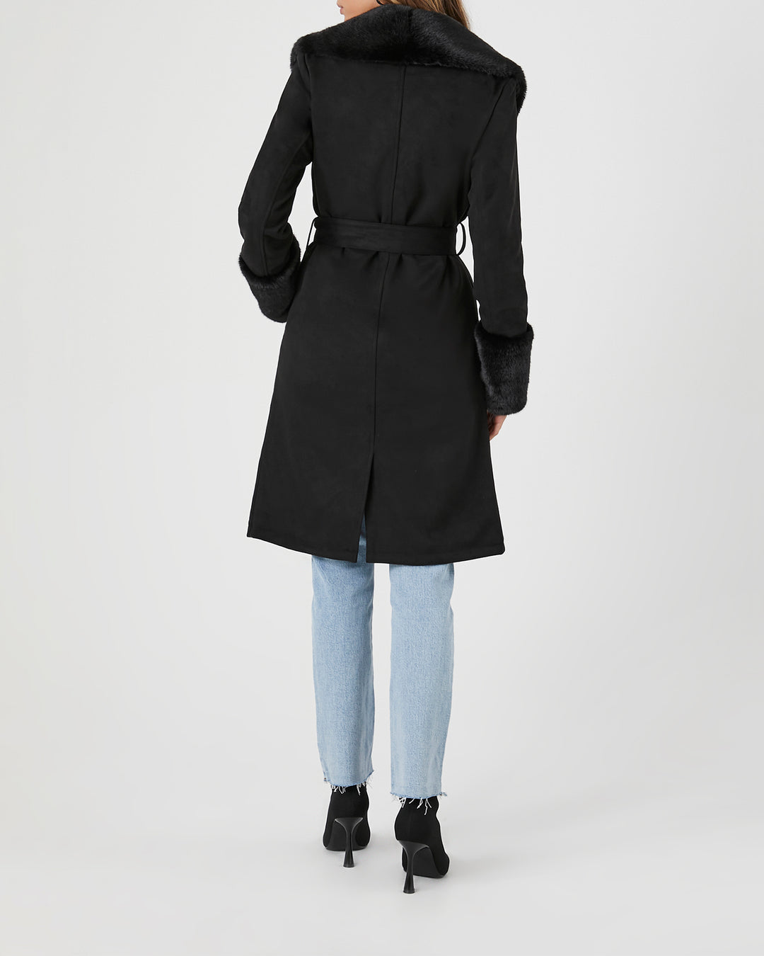 Faux Fur-Trim Faux Suede Trench Coat - Black