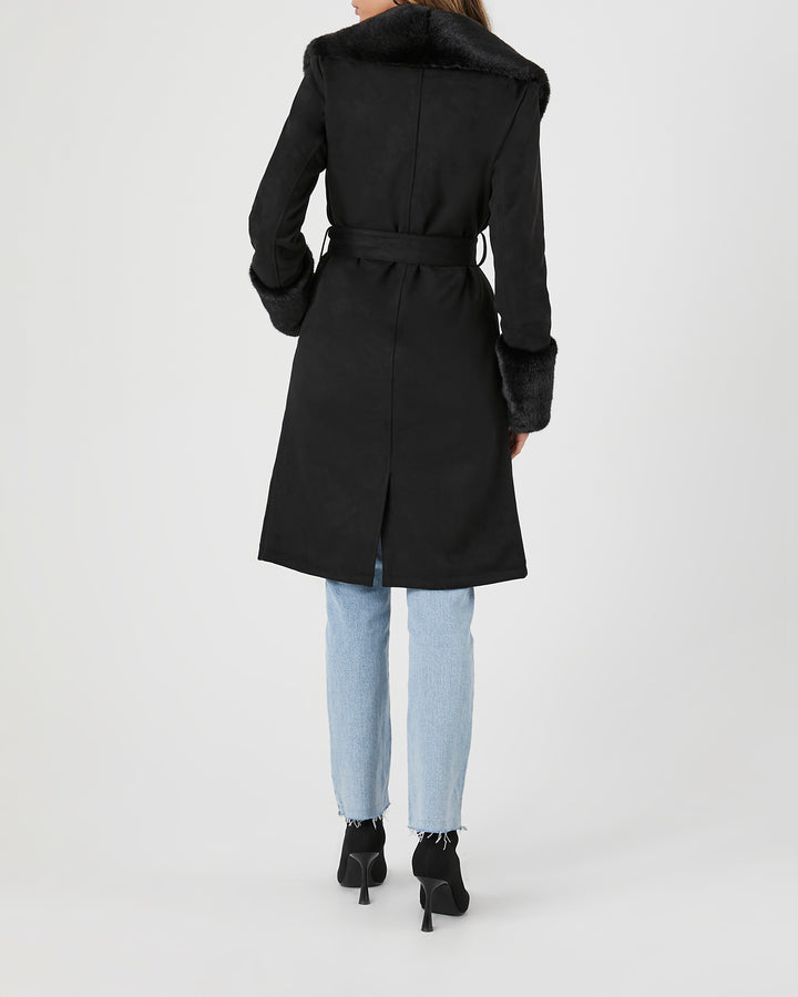 Faux Fur-Trim Faux Suede Trench Coat - Black