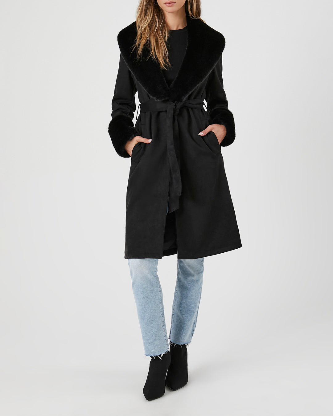 Faux Fur-Trim Faux Suede Trench Coat - Black