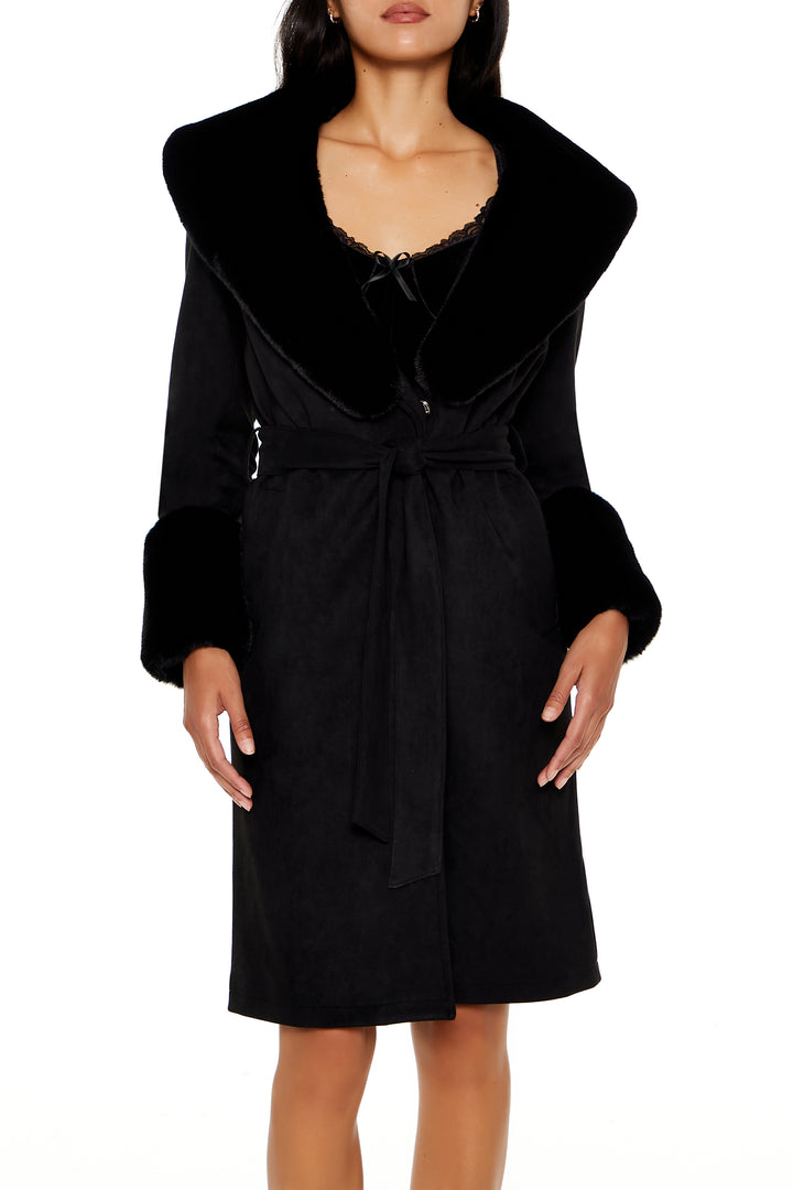 Faux Fur-Trim Faux Suede Trench Coat - Black