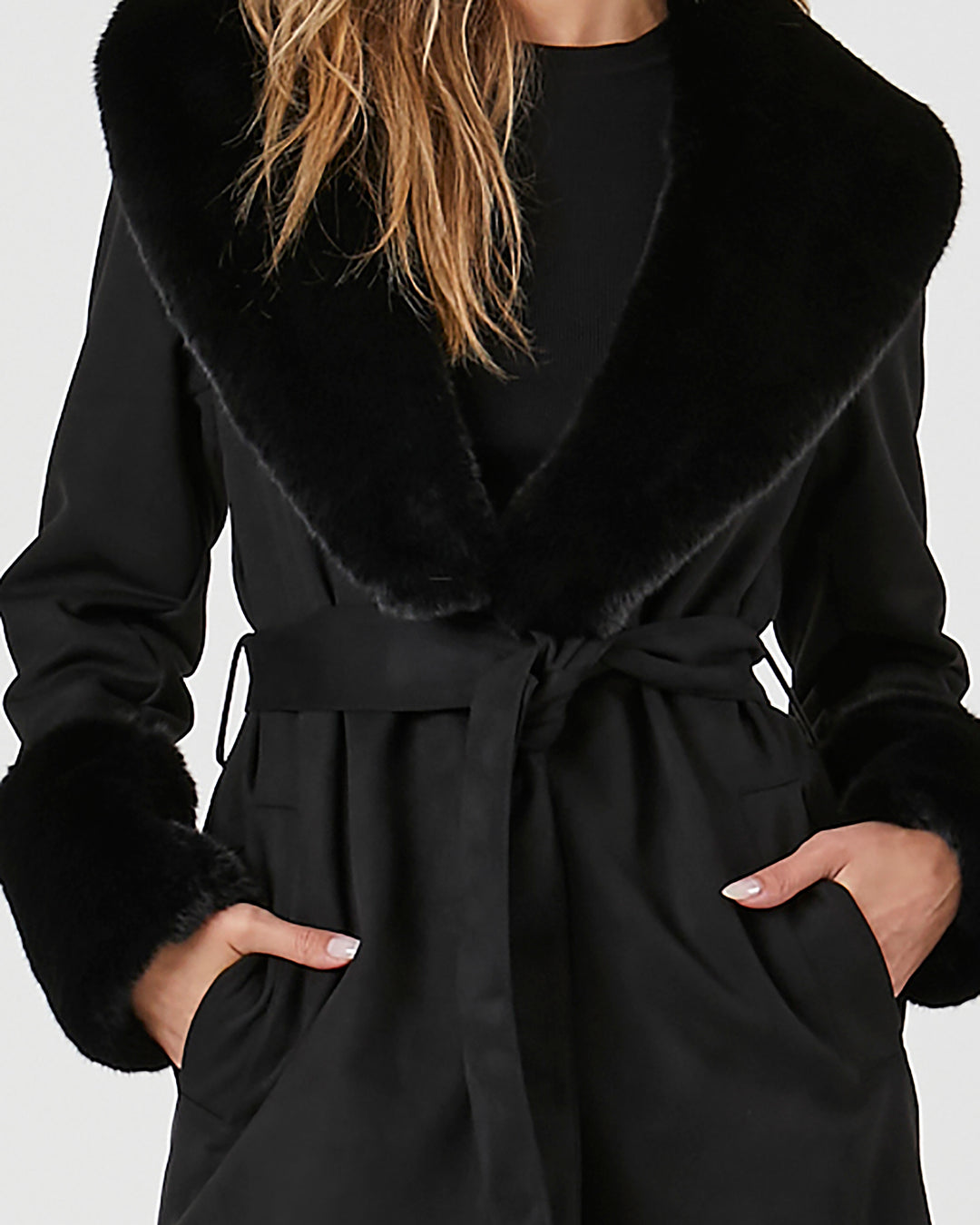 Faux Fur-Trim Faux Suede Trench Coat - Black