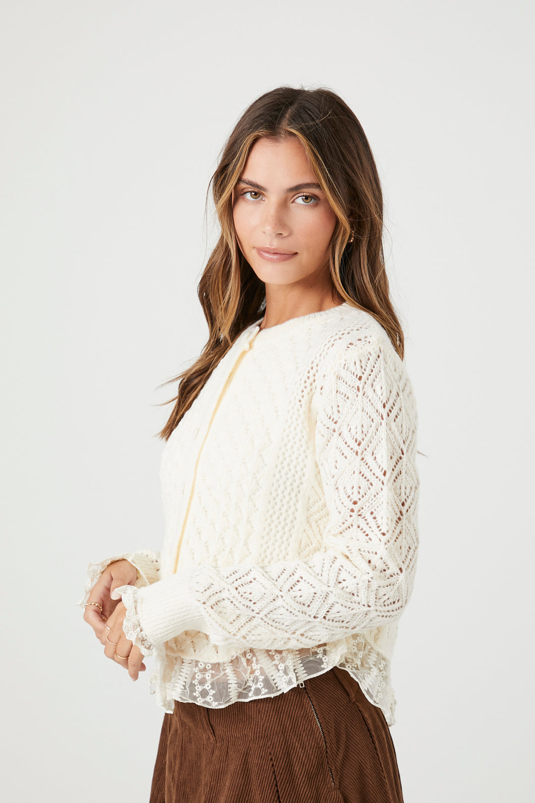 Lace Trim Cardigan Sweater - Cream