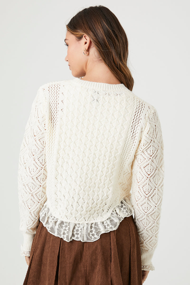 Lace Trim Cardigan Sweater - Cream