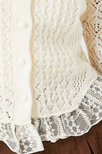 Lace Trim Cardigan Sweater - Cream
