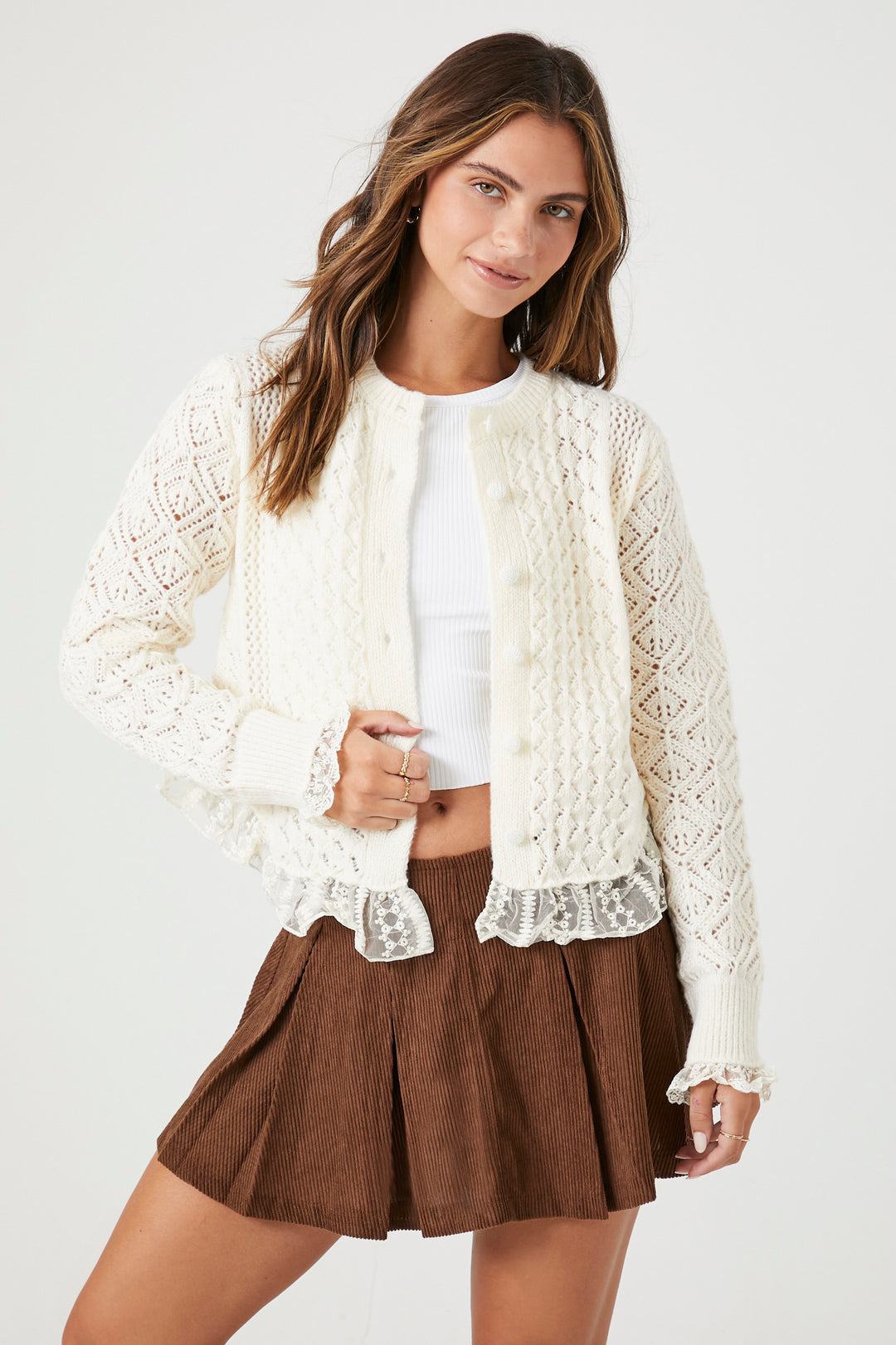 Lace Trim Cardigan Sweater - Cream