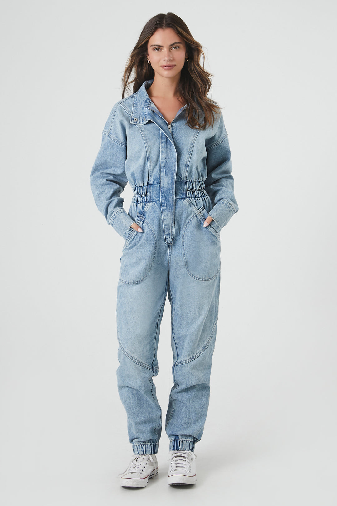 Long Sleeve Denim Jumpsuit Mid Blue - Main Image
