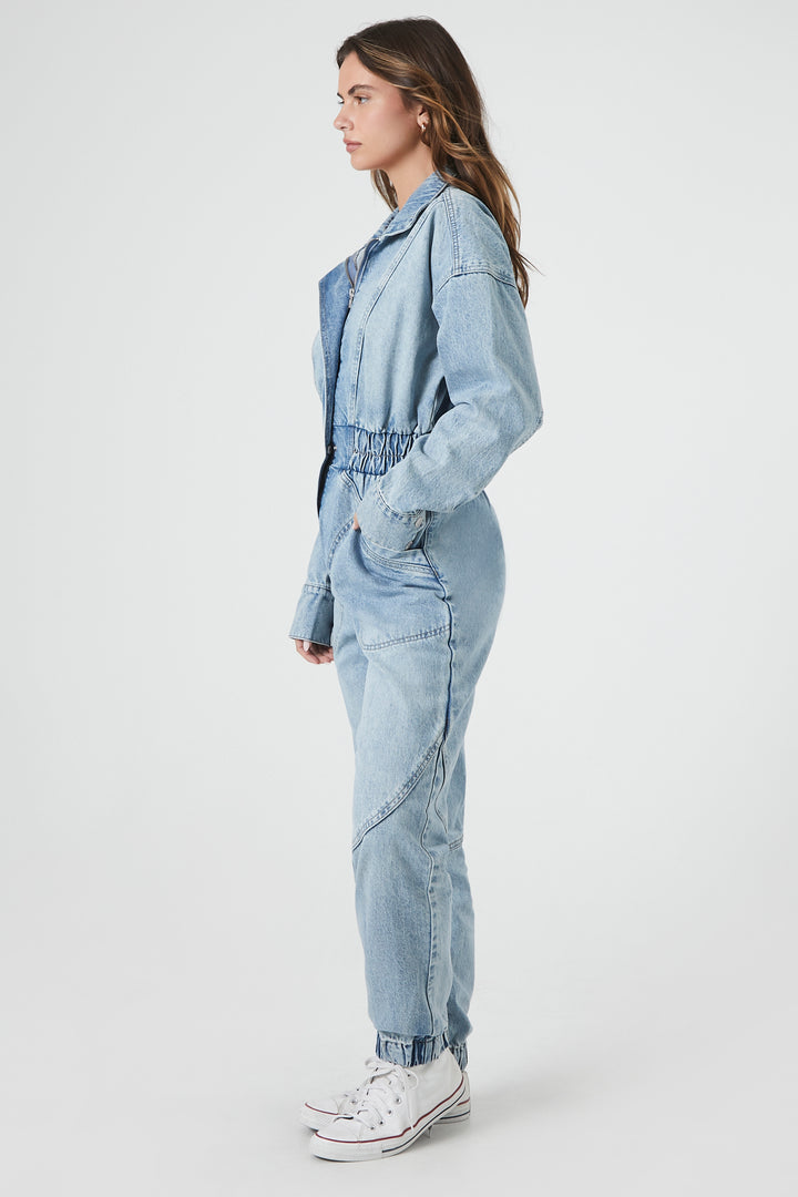 Long Sleeve Denim Jumpsuit - Mid Blue
