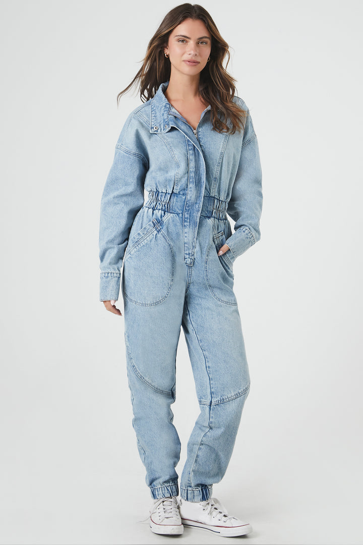 Long Sleeve Denim Jumpsuit - Mid Blue