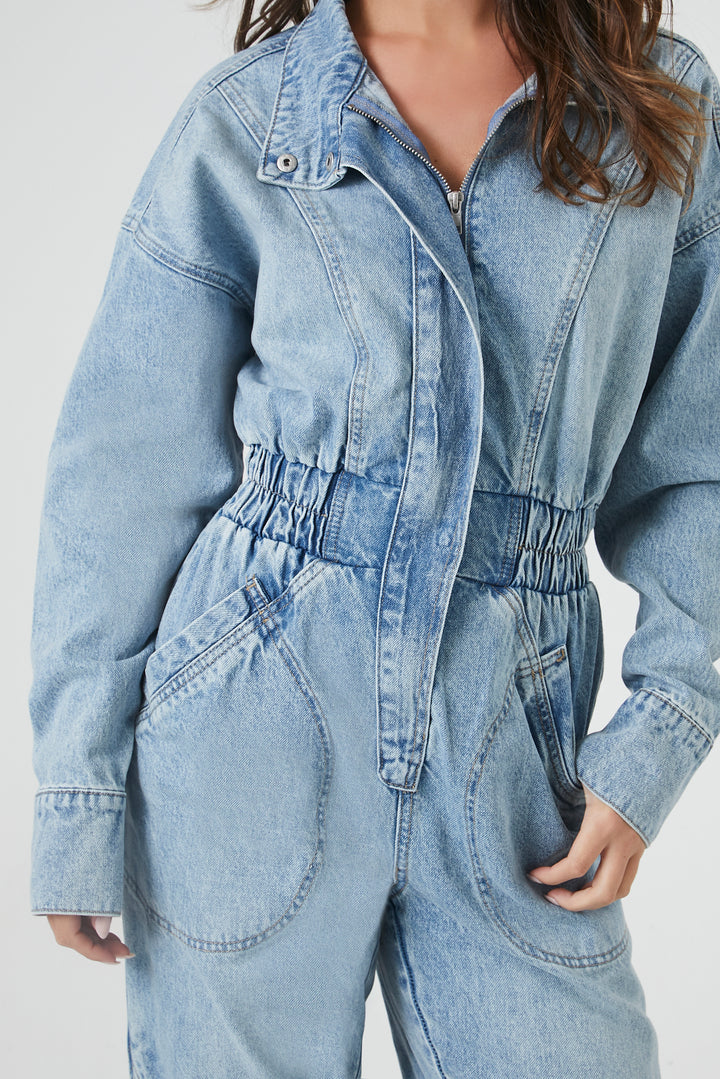 Long Sleeve Denim Jumpsuit - Mid Blue