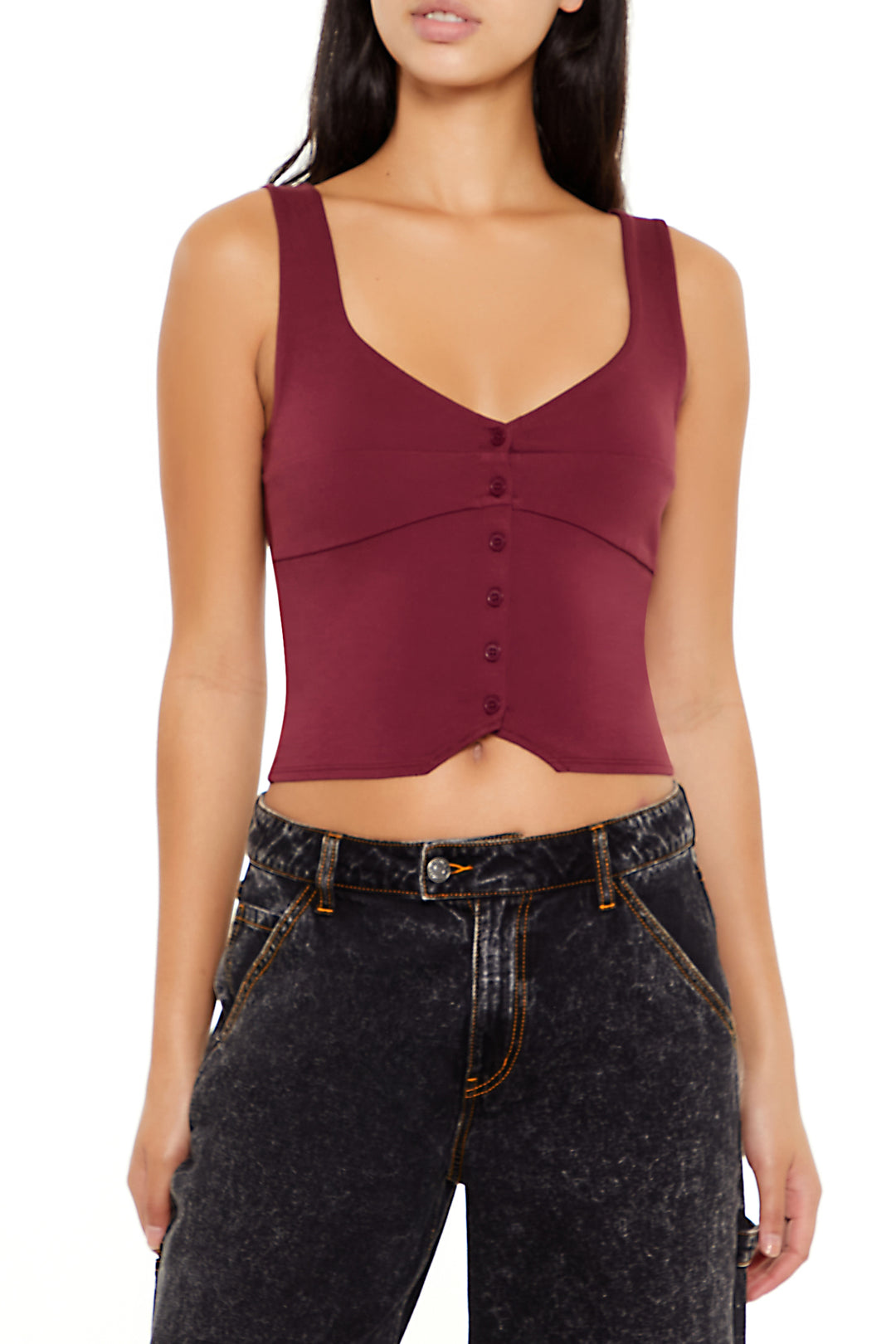 Ponte Knit Button-Front Crop Top - Burgundy