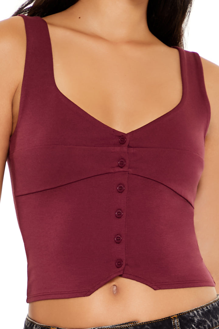Ponte Knit Button-Front Crop Top - Burgundy