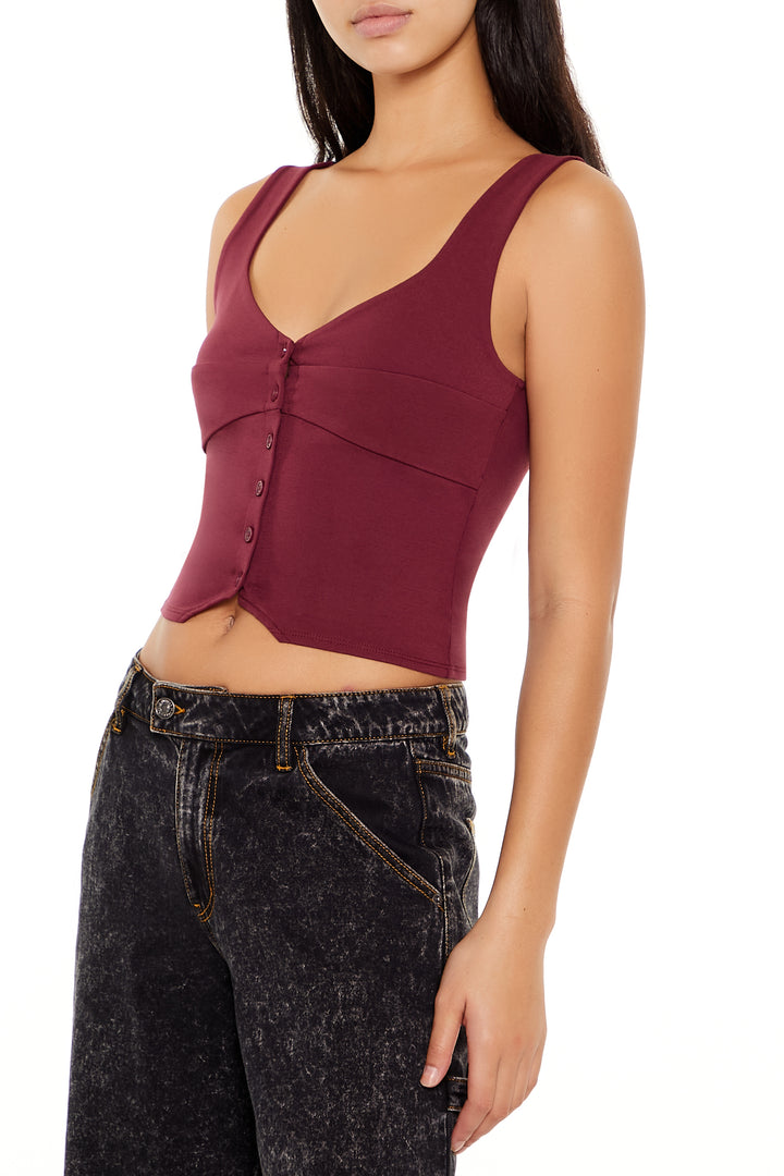 Ponte Knit Button-Front Crop Top - Burgundy