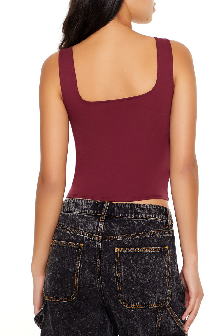 Ponte Knit Button-Front Crop Top - Burgundy