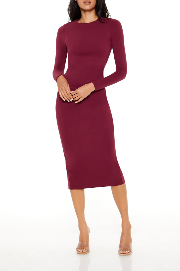 Long Sleeve Bodycon Midi Dress - Burgundy