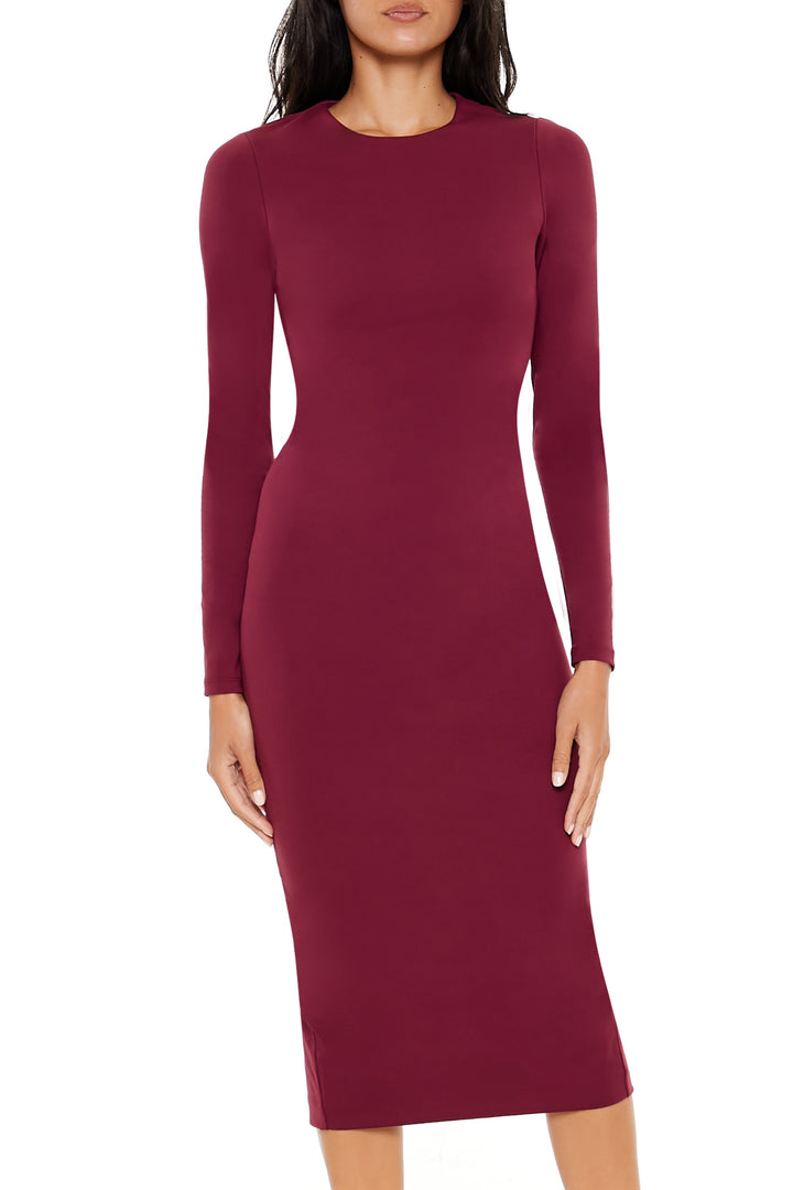 Long Sleeve Bodycon Midi Dress - Burgundy