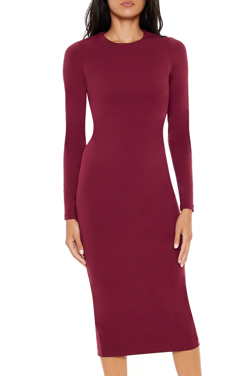 Long Sleeve Bodycon Midi Dress - Burgundy