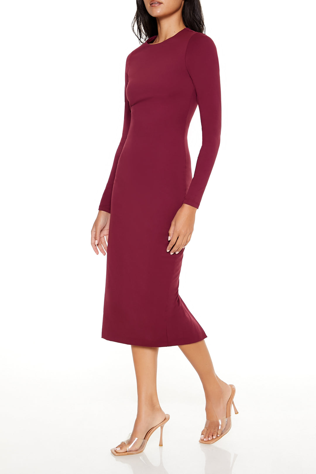 Long Sleeve Bodycon Midi Dress - Burgundy