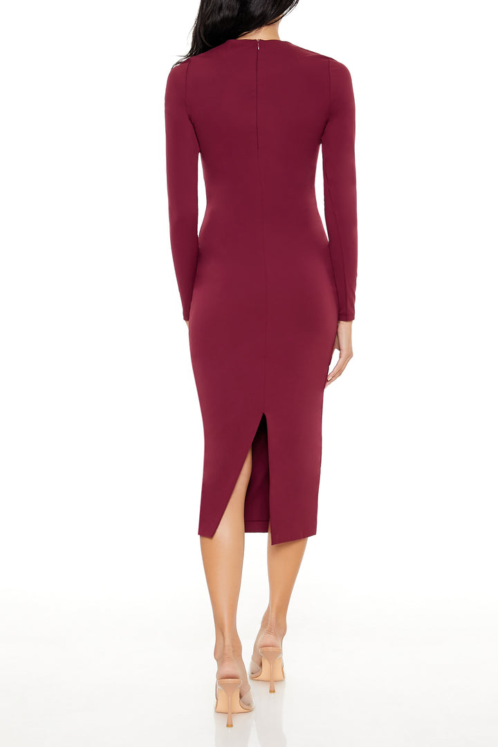 Long Sleeve Bodycon Midi Dress - Burgundy