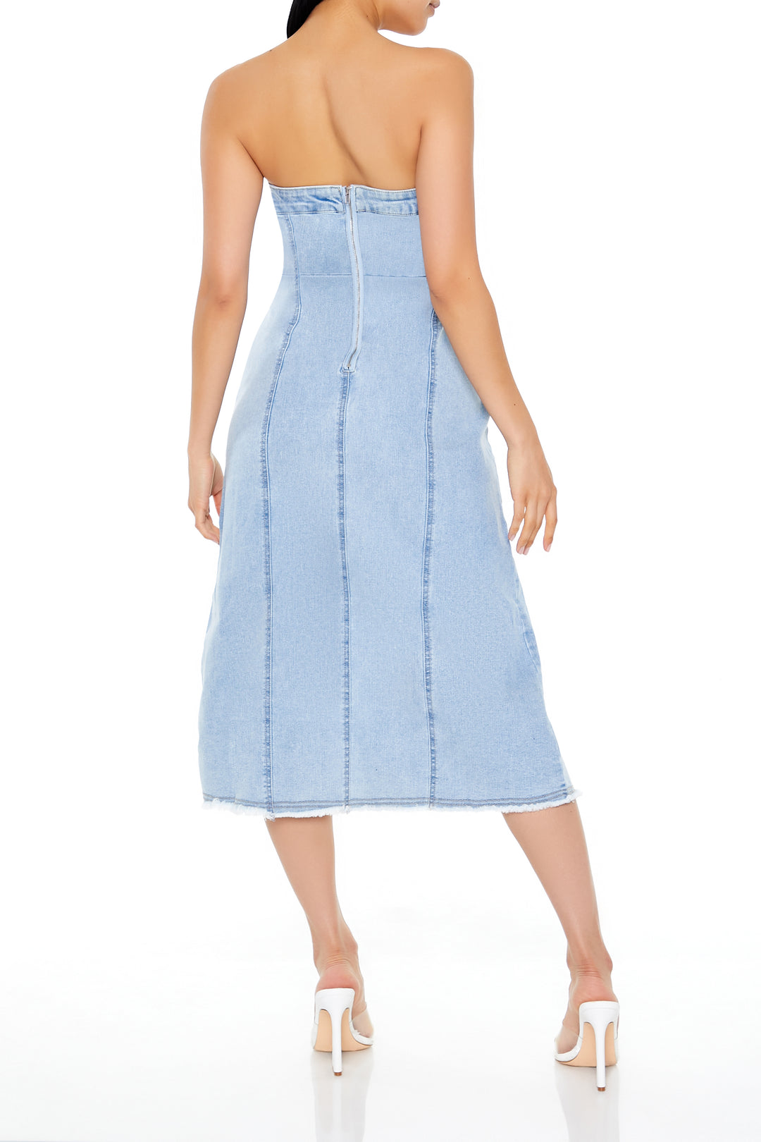 Frayed Denim Tulip Hem Midi Dress - Mid Blue