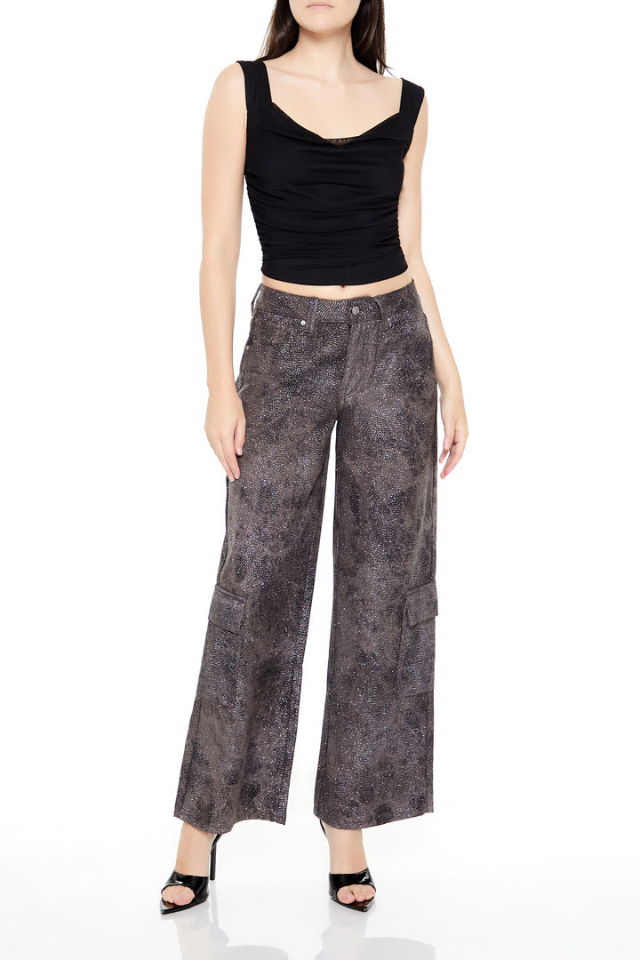 Rhinestone Mid-Rise Cargo Pants - Brown