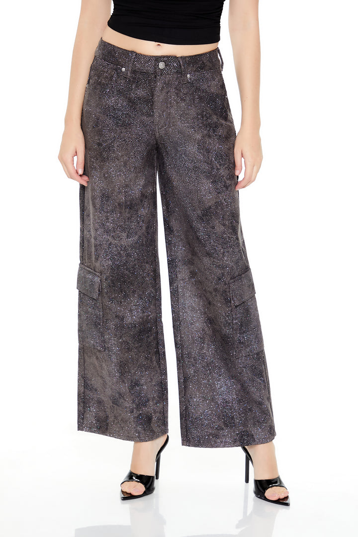 Rhinestone Mid-Rise Cargo Pants - Brown