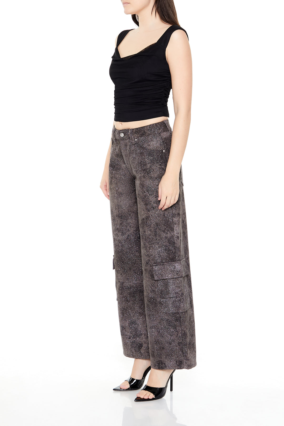 Rhinestone Mid-Rise Cargo Pants - Brown