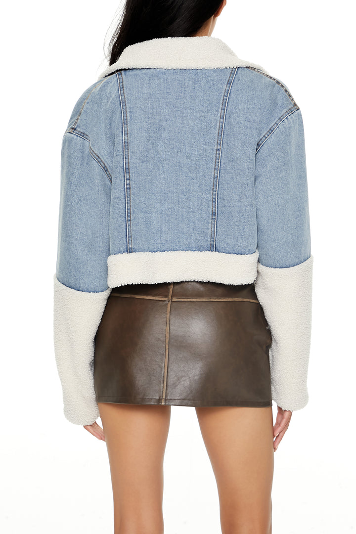 Faux Shearling Denim Moto Jacket - Light Blue