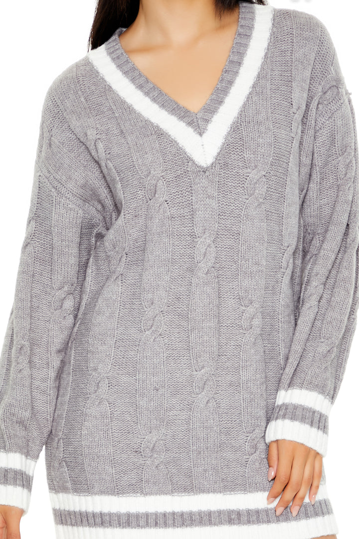 Cable Knit Sweater Dress - Grey/White
