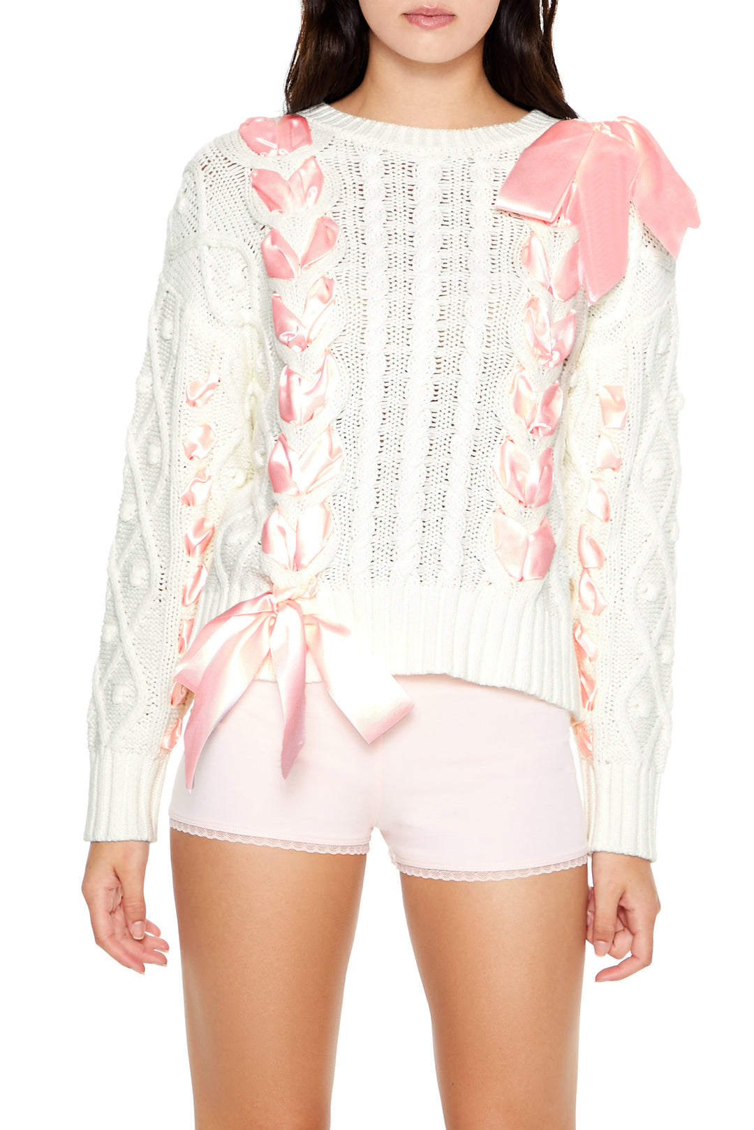 Cable Knit Ribbon Bow Sweater - White/Pink