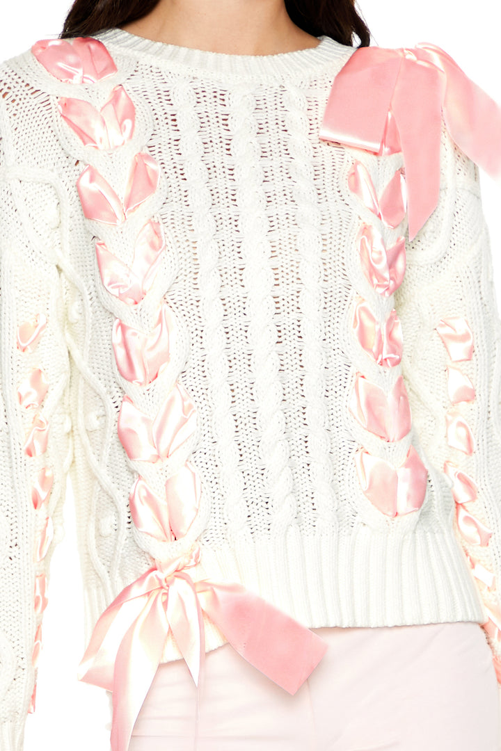 Cable Knit Ribbon Bow Sweater - White/Pink