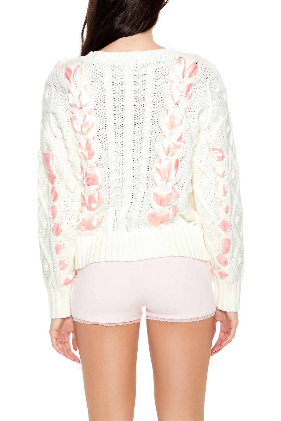 Cable Knit Ribbon Bow Sweater - White/Pink