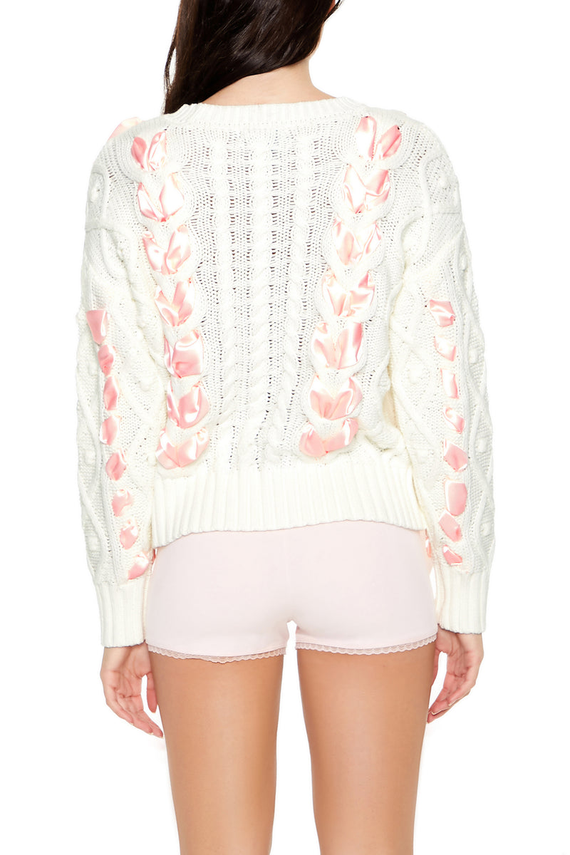 Cable Knit Ribbon Bow Sweater - White/Pink