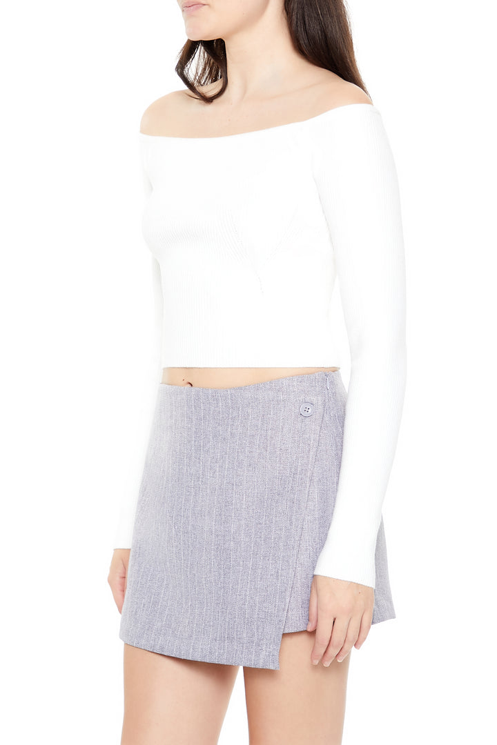 Long Sleeve Off Shoulder Cropped Sweater - White