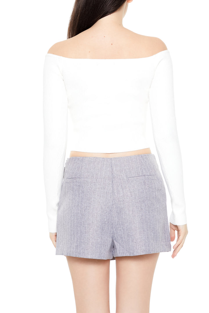 Long Sleeve Off Shoulder Cropped Sweater - White