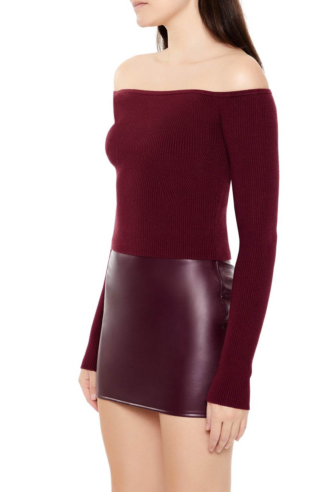 Long Sleeve Off Shoulder Cropped Sweater - Burgundy