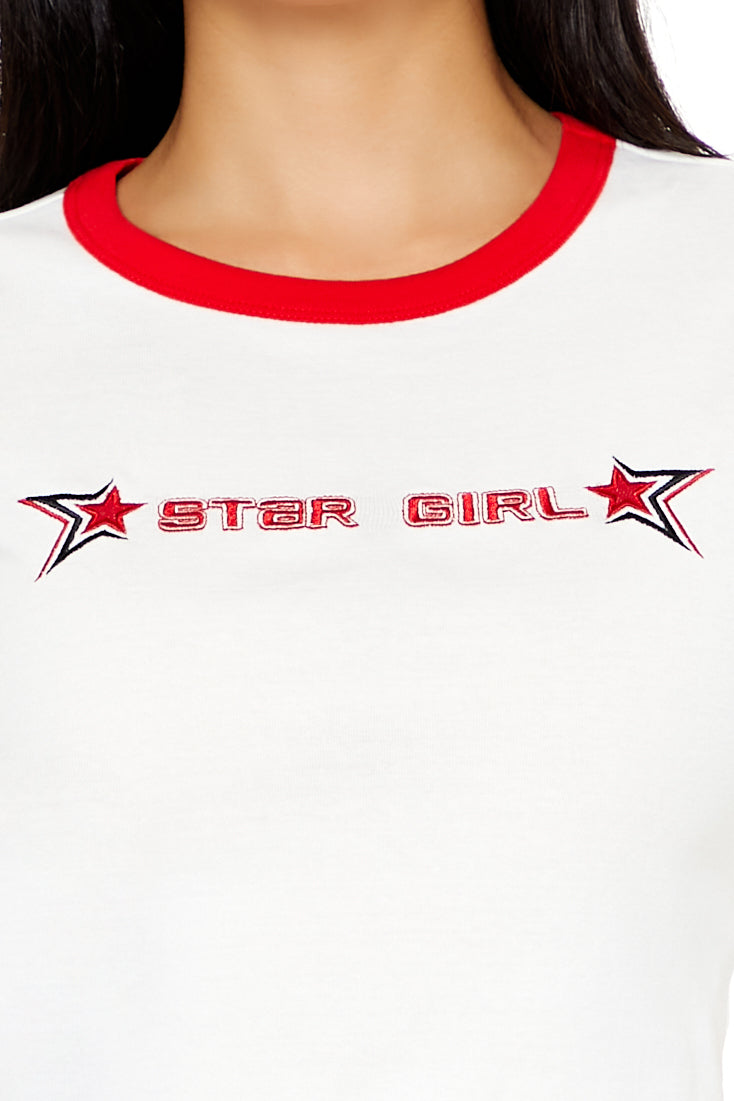 Star Girl Ringer Baby Tee - White