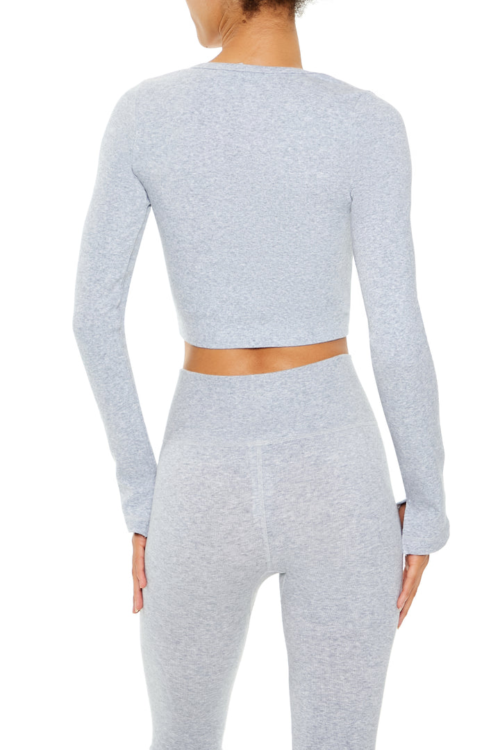 Long Sleeve Active Knit Crop Top - Grey
