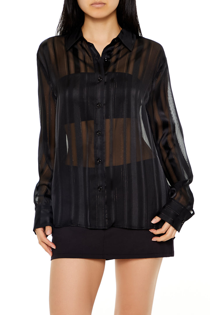 Long Sleeve Oversized Woven Button Down Top - Black