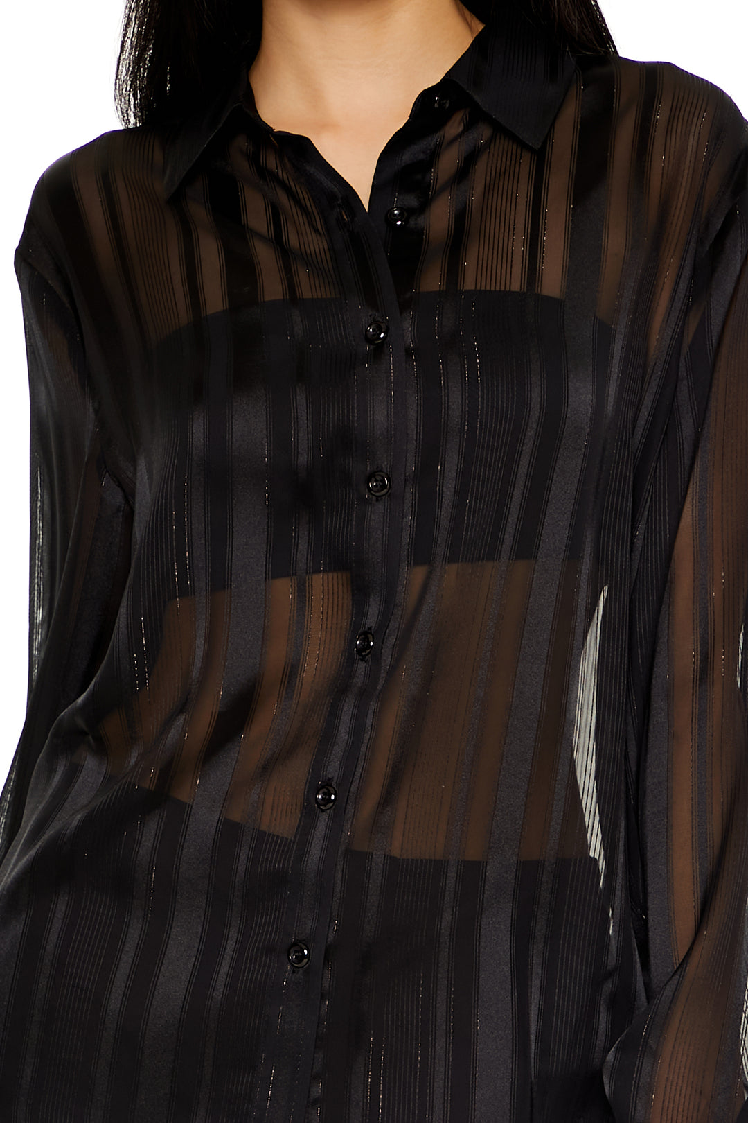 Long Sleeve Oversized Woven Button Down Top - Black