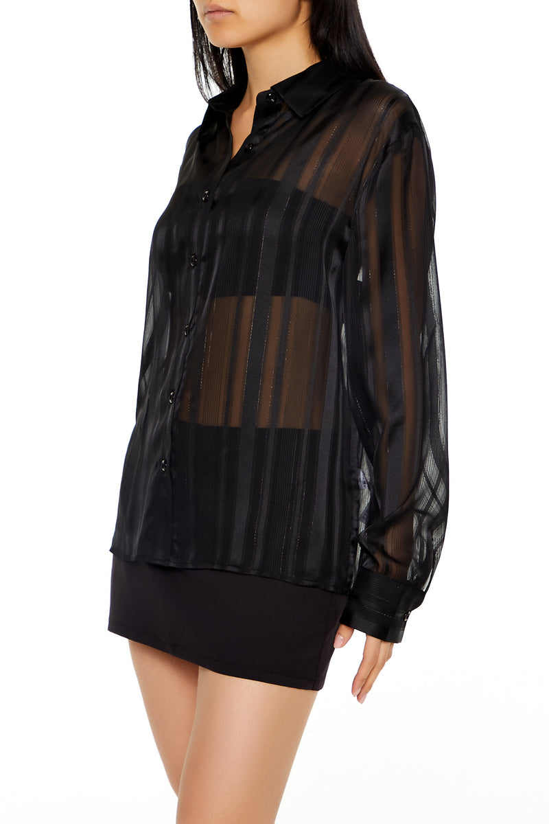 Long Sleeve Oversized Woven Button Down Top - Black