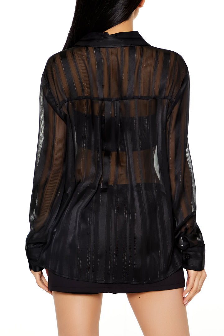Long Sleeve Oversized Woven Button Down Top - Black