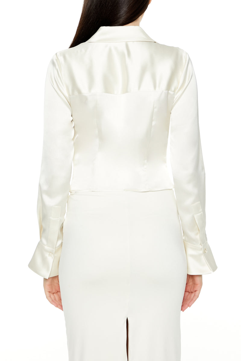 Long Sleeve Cropped Woven Blouse - White