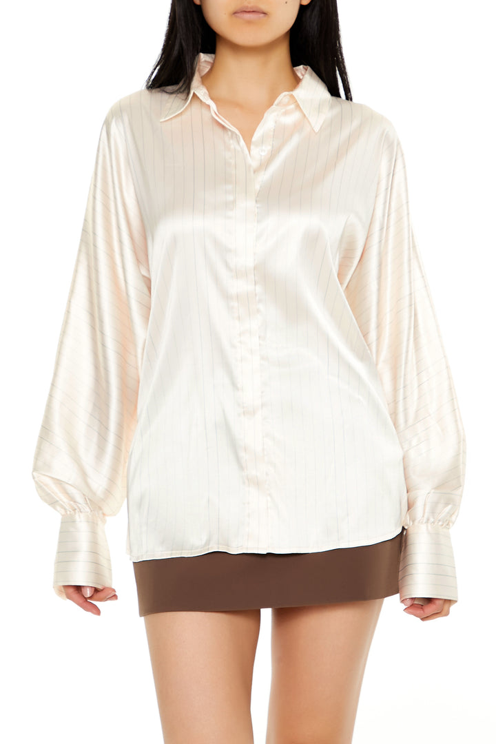 Long Sleeve Oversized Woven Button Down Top - Cream