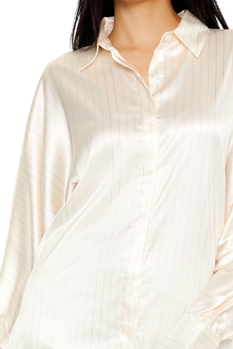 Long Sleeve Oversized Woven Button Down Top - Cream