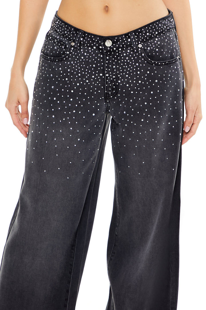 Rhinestone Low-Rise Baggy Jeans - Black