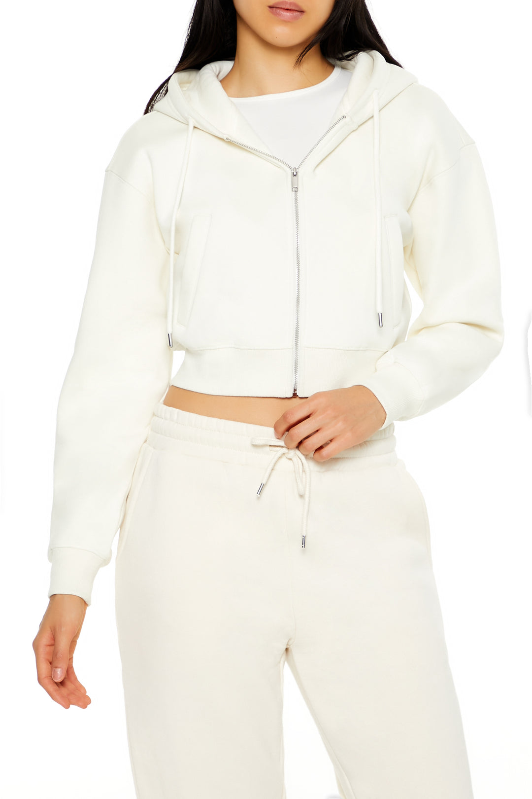 Long Sleeve Cropped Athletic Jacket - Cream