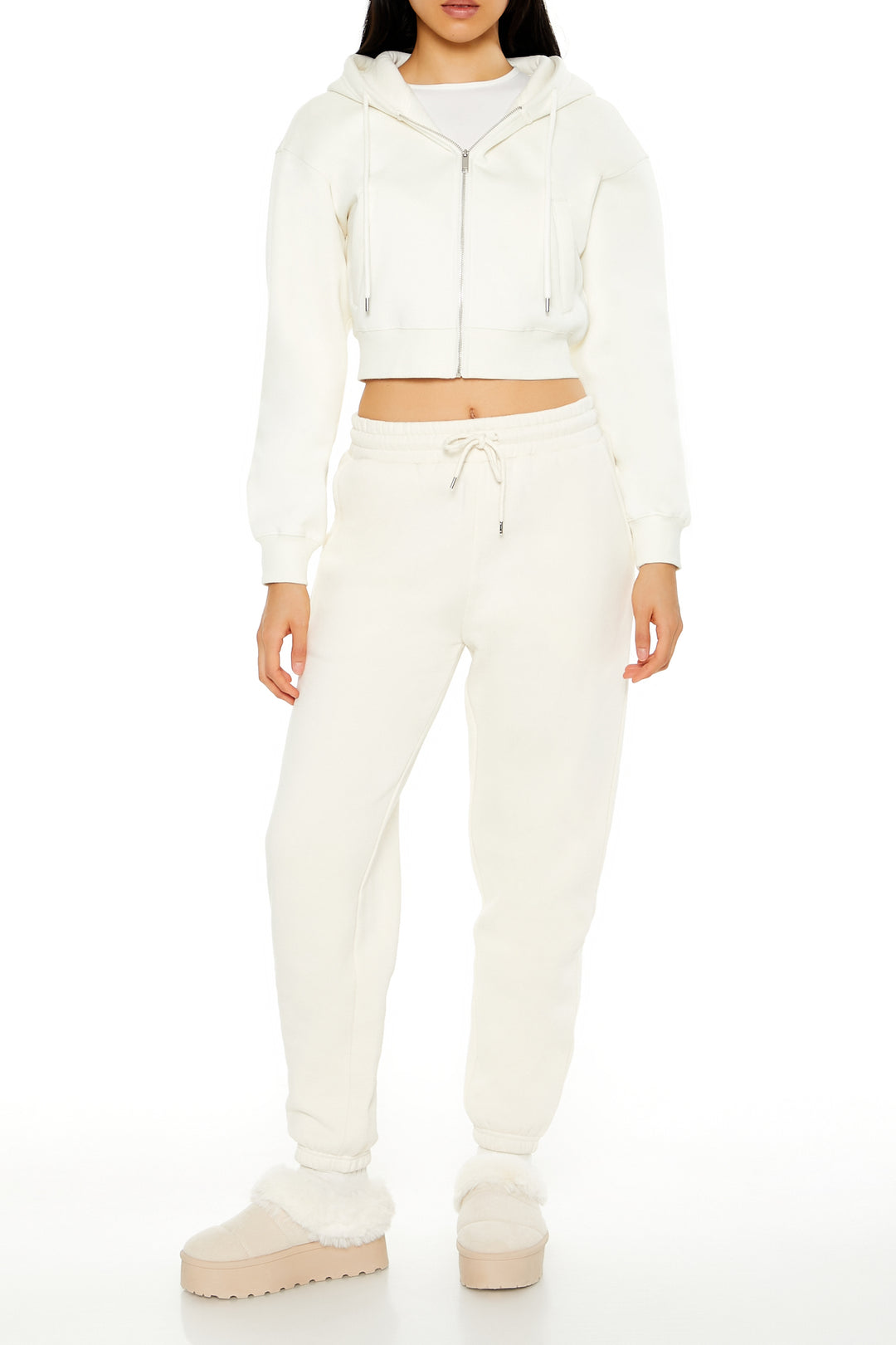 Long Sleeve Cropped Athletic Jacket - Cream